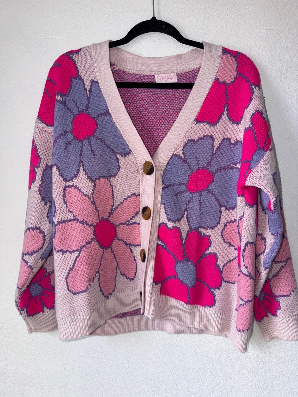 Pink Lily Pink Purple Flower Floral Print Knit Button Up Cardigan Sweater Size S